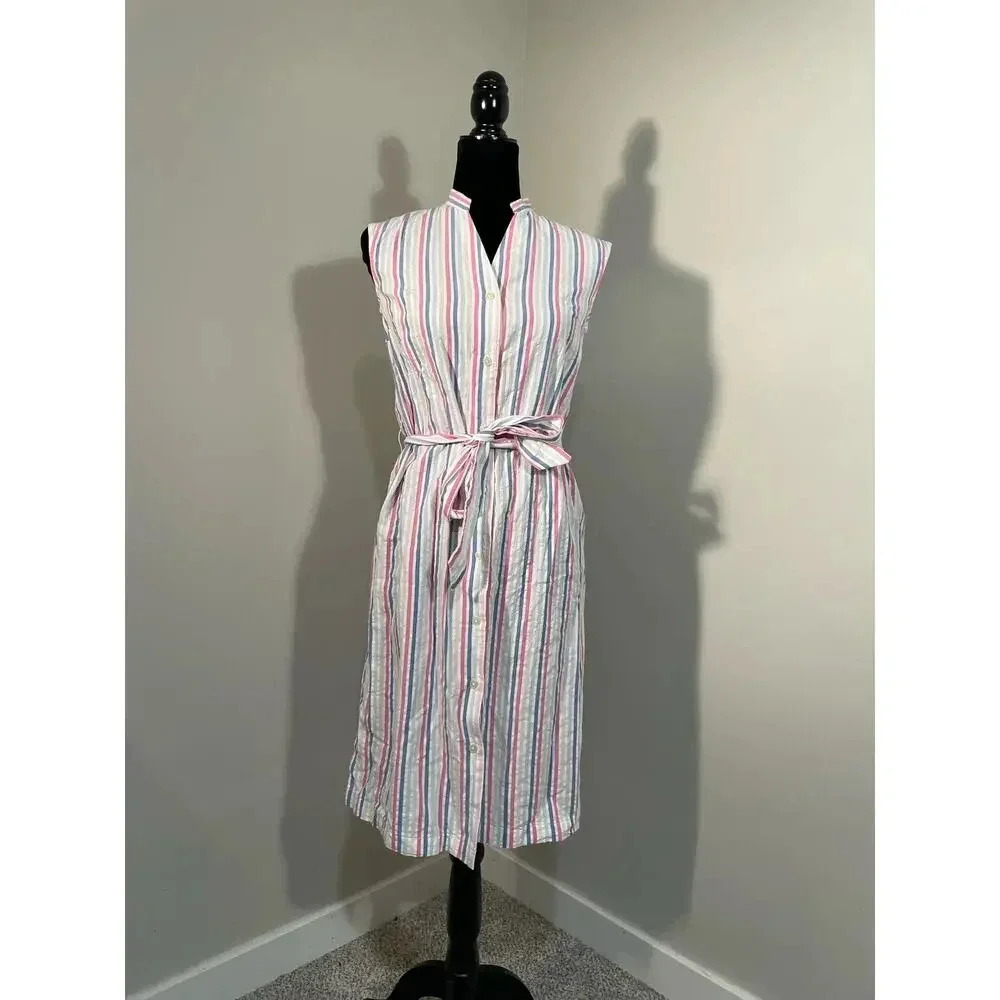 Loft Outlet Pink and Blue Striped Button Front‎ Cotton Midi Dress